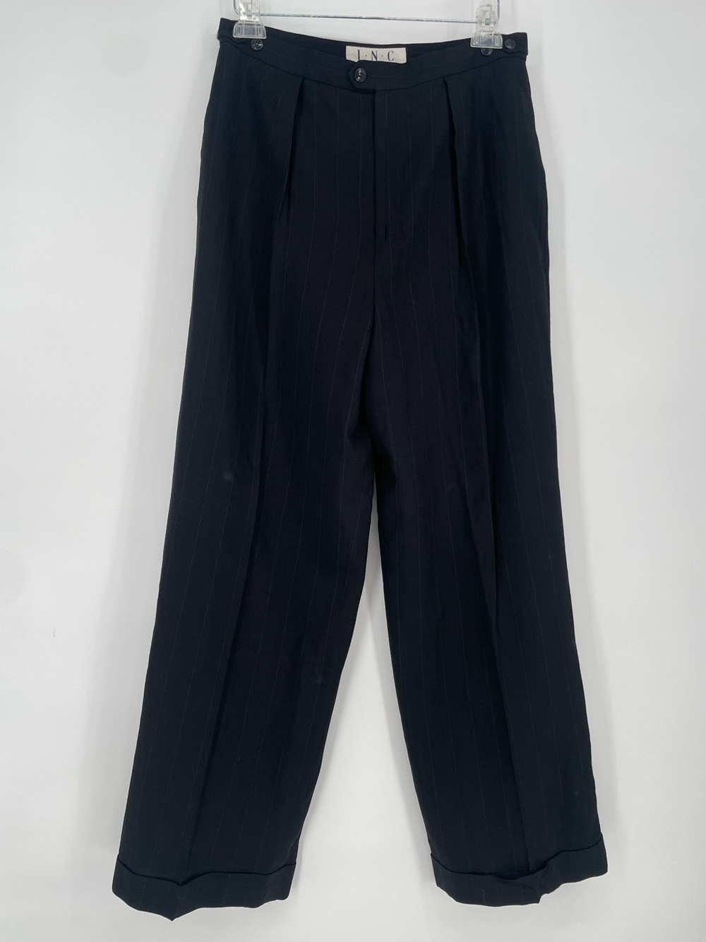 80s 90s I.N.C. Wool Pinstripe Black Wide Straight Leg High Rise Work Trousers